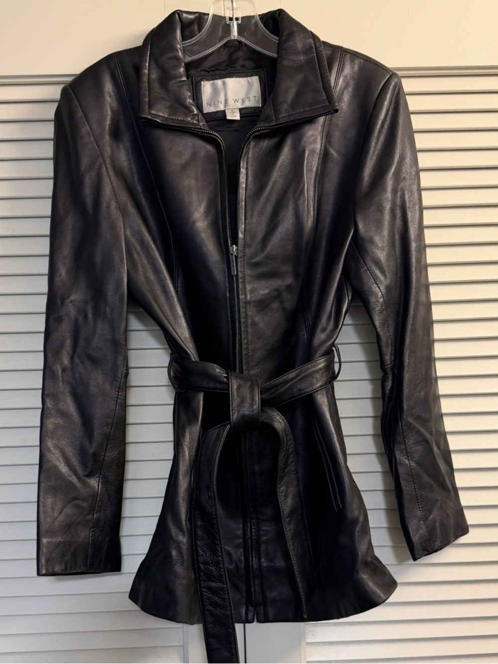 Nine West Black Leather Belted Jacket with Zip Front Medium